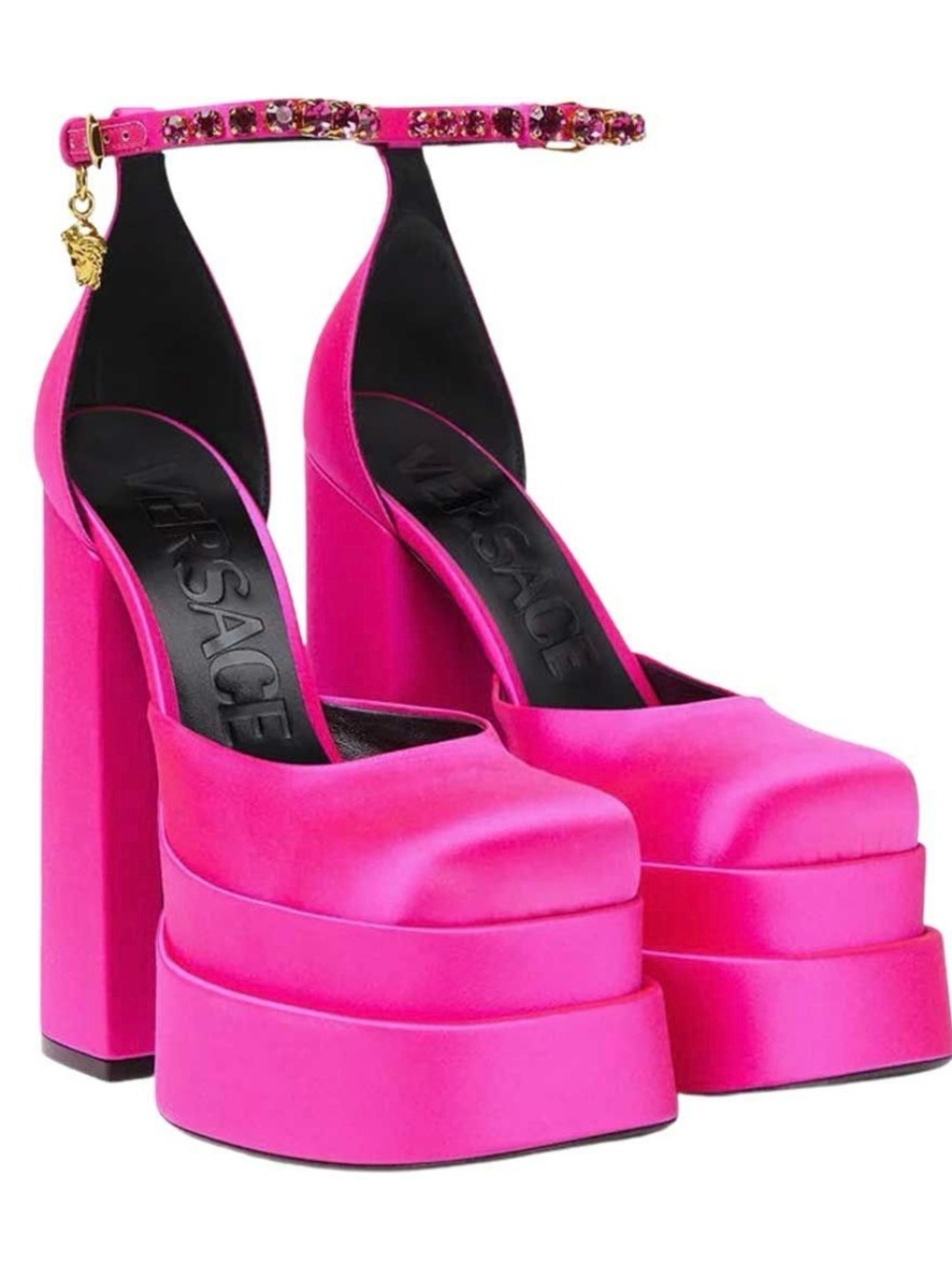 Versace Hot Pink Satin Platform Ankle-Strap Pumps